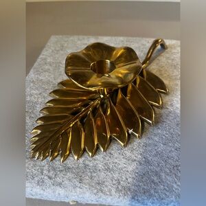 Vintage Solid Brass Leaf Frond Candleholder Made In India